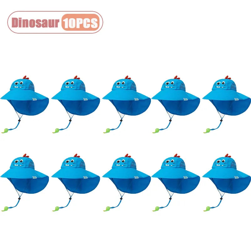 1-10PCS Kids UV Protection Sun Hat Baby Toddler Bucket Hat Wide Brim Breathable Outdoor Cap for Boys Girls Spring Summer Vue Dinosaur-10PCS