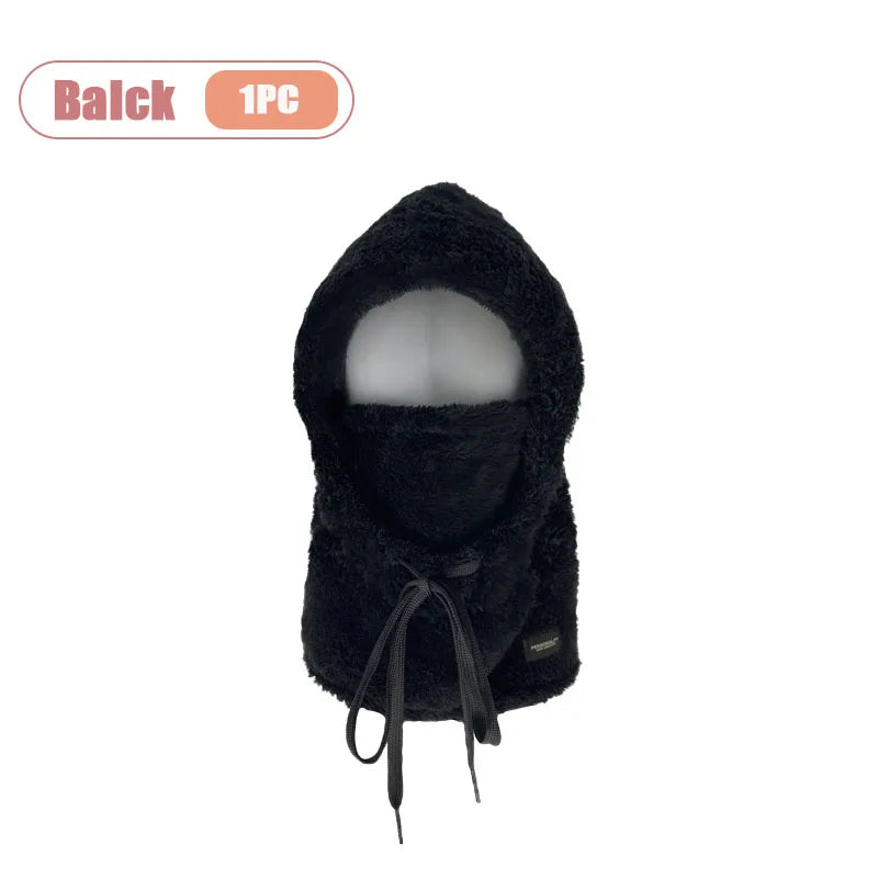 Winter Hat Plush Ear Protection Integrated Neck Warmer Thickened Windproof Face Mask for Women Skiing Cycling Outdoor Sports Vue Black-1PC