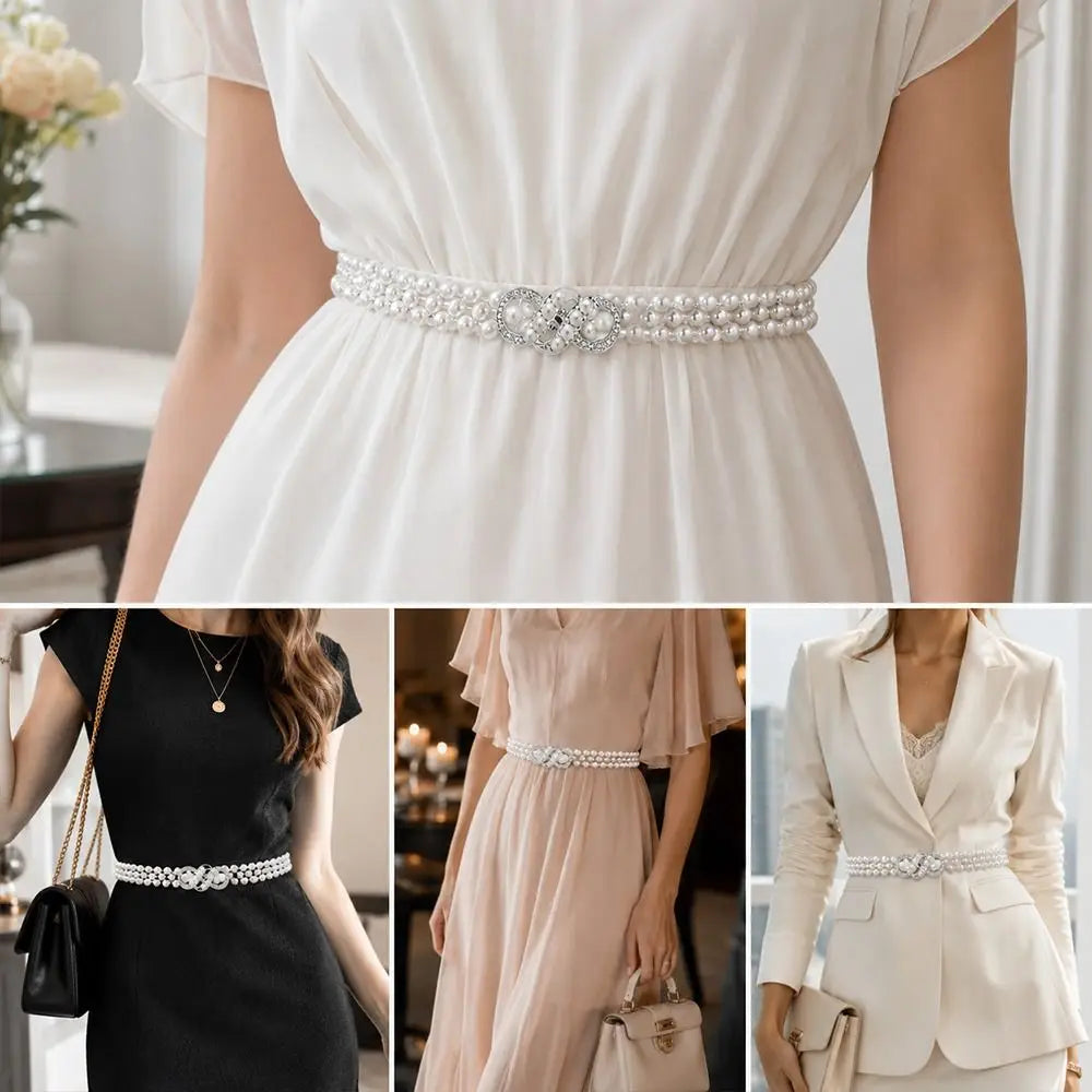 Pearl Beads Waist Chain Stretch Elastic Band Thin Narrow Waistband