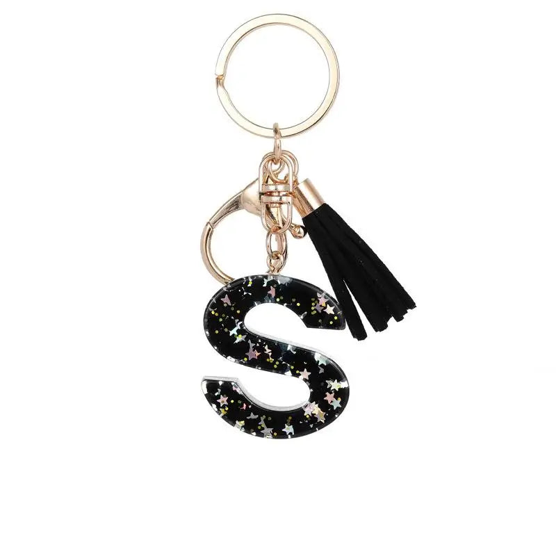 Black Glitter Resin Initial Letter Keychain A–Z Tassel Charm