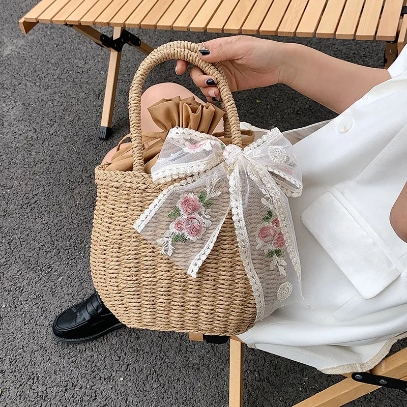 Straw Bags Women Summer Rattan Bag Handmade Woven Beach Bohemia Vue khakiAddSCARF 20x12x17cm