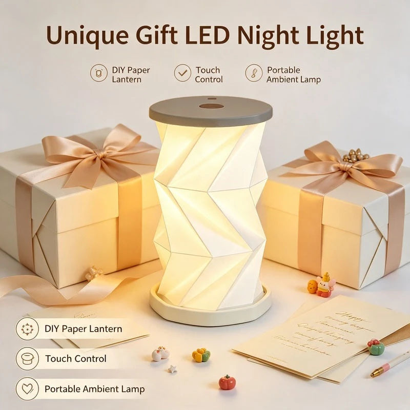Portable Foldable LED Night Light, Touch Dimmer Paper Lantern Lamp, Rotating Ambient Table Light for Bedroom Reading Gift Vue