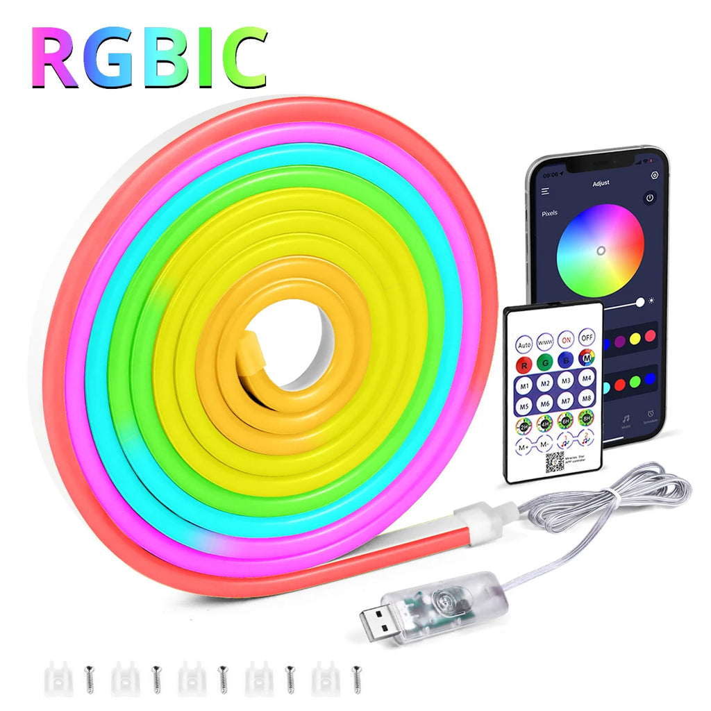 5V USB RGBIC Neon LED Strip Lights with Bluetooth APP Control Music Sync Waterproof Flexible Tape for Gaming Room Party Decor Vue RGBIC 1m