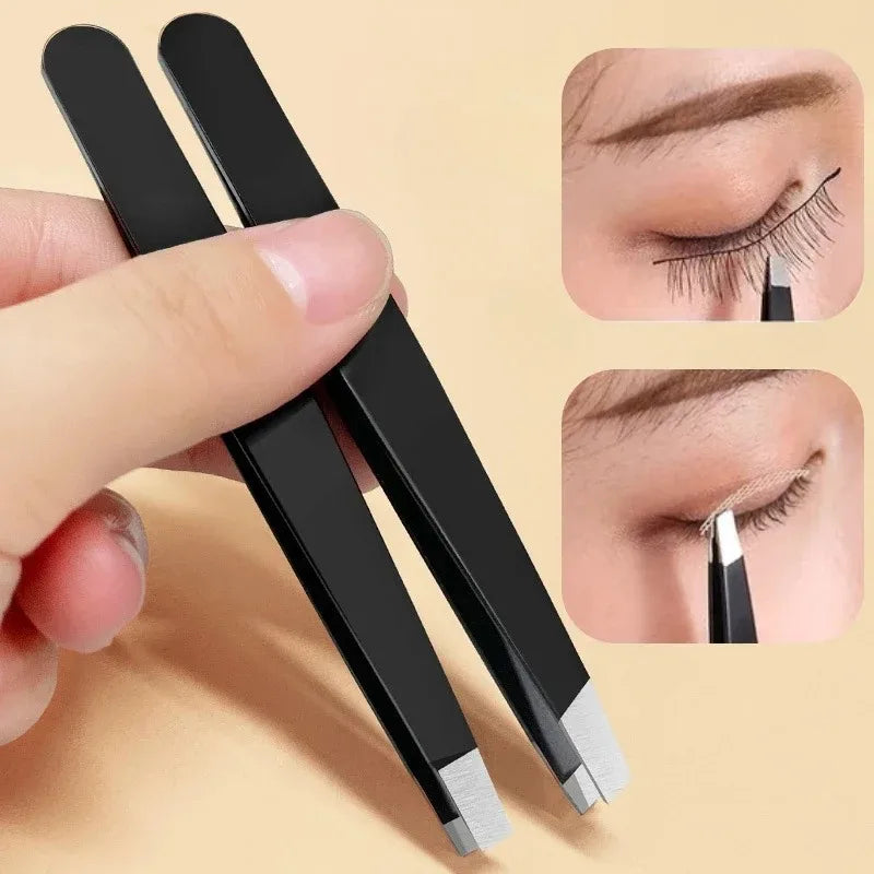 Professional Stainless Steel Black Eyebrow Tweezer with Slant and Flat Point Beauty Tools Eyelash Tweezer & Ingrown Hair Removal Vue