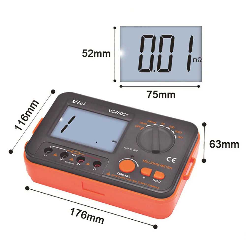 Digital Milli-ohm Meter VC480C+ LCD Backlit 4 Wire Low Resistance Multimeter 6 Range Accuracy Meter 0.01mΩ-2kΩ with Test Clip Vue