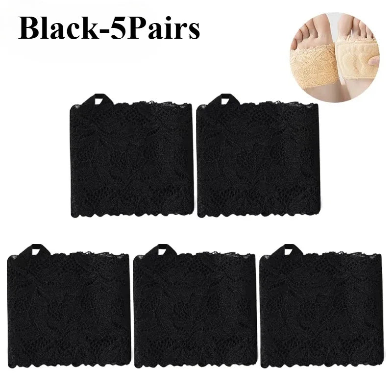 1-10Pairs Women Half Toe Socks Lace Trim No Show Anti Slip for High Heels Pumps Flats Breathable Thin Invisible Summer Vue Black-5Pairs One Size
