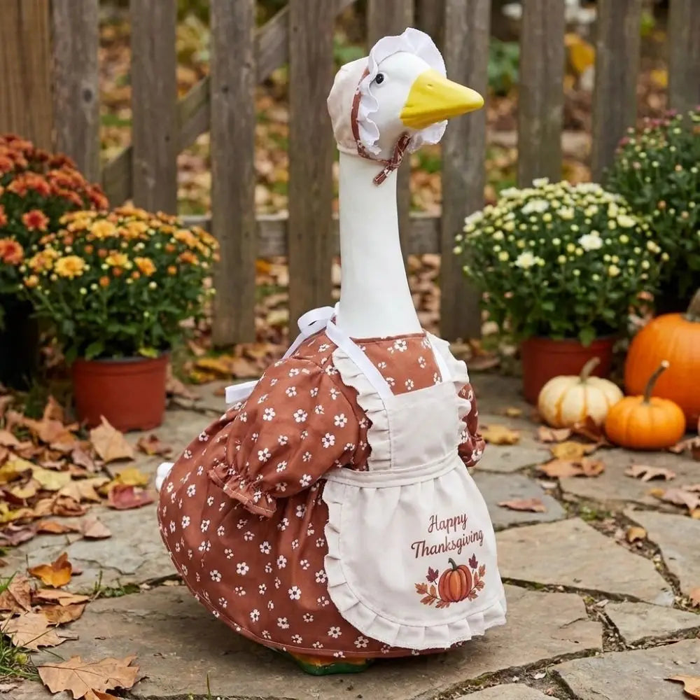 Pumpkin Print Thanksgiving Porch Goose Dress Outfit Maple Leaf Ruffled Hat Goose Hat Dress Set Harvest Theme Rustic Vue