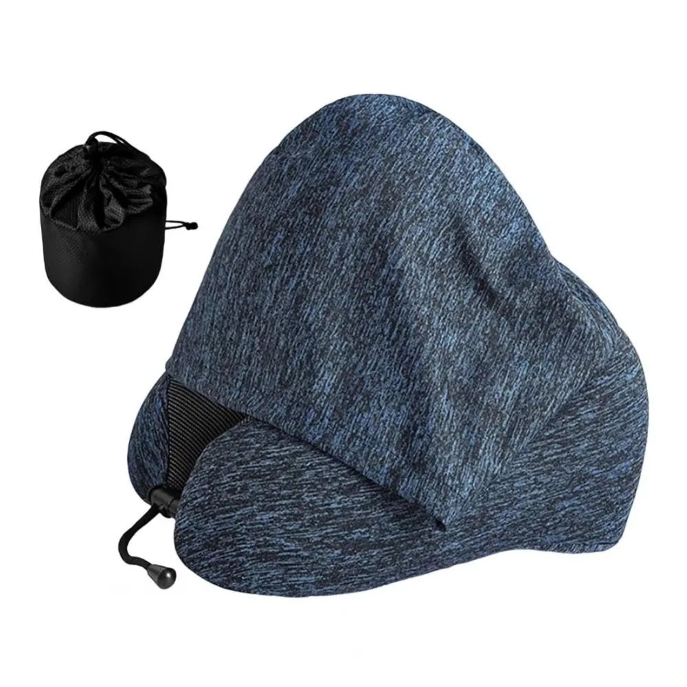 Removable Travel Neck Pillow Washable Cover with Storage Bag Hooded Pillow Adjustable Comfortable U-shaped Pillow with Cap Vue Blue