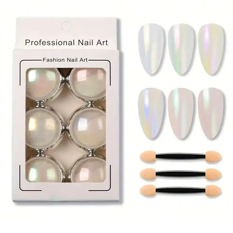 1 Set White Chrome Powder Pearl Chrome Metal Mirror Effect Nail Art Creation Painting DIY 6 Colors Vue