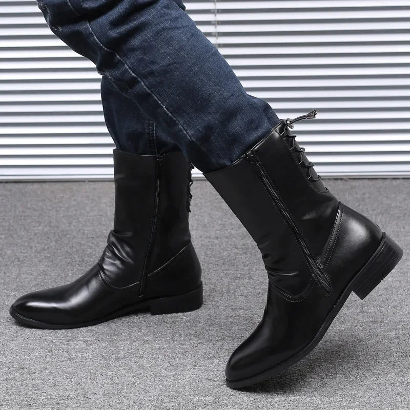 Men's High Top Ankle Boots | Korean Fashion PU Leather Zip Men's Ankle Boots Vue black 38 China Mainland
