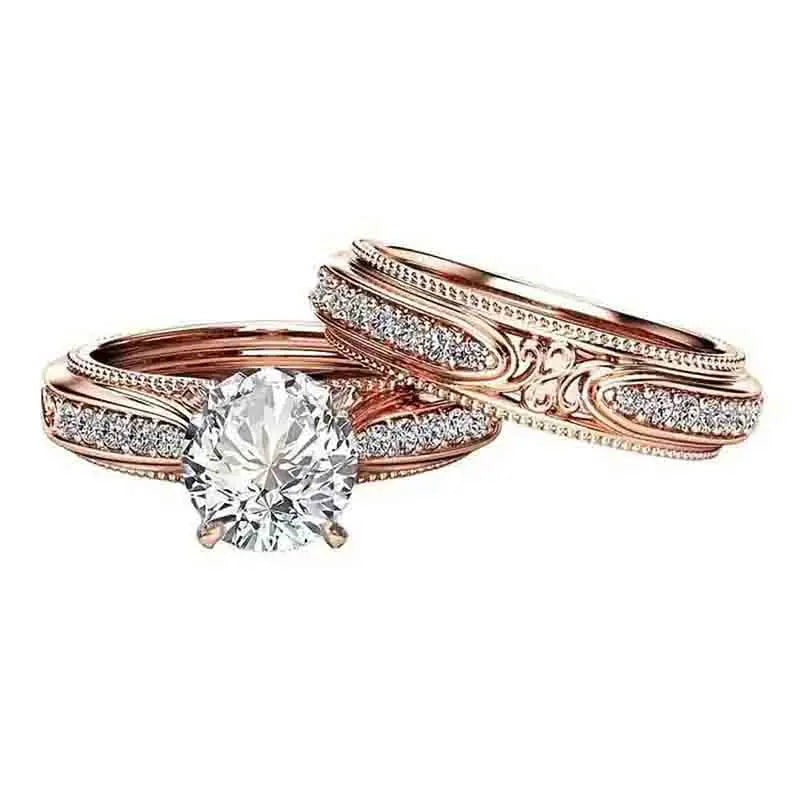 Huitan Rose Gold CZ Bridal Ring Set for Women – 2-Piece Bridal Ring Set Vue