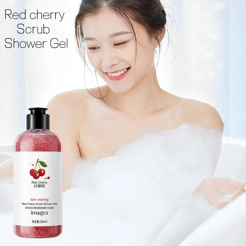 300ml Red Cherry Beauty Scrub Shower Gel, Rich in Cherry Fruit Extract and Other Ingredients, with a Fresh Fruit Aroma, Long-Lasting Fragrance, and Fine Scrub Particles That Effectively Deeply Cleanse the Skin, Leaving It Fee Vue