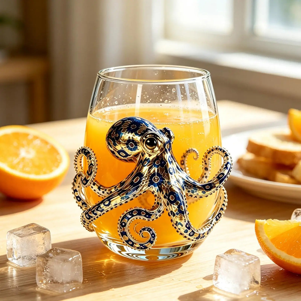420ml Blue-Ringed Octopus Glass 2D Clear Novelty Coastal Marine Tumbler for Juice, Milk, Coffee, Great Housewarming Gift Vue