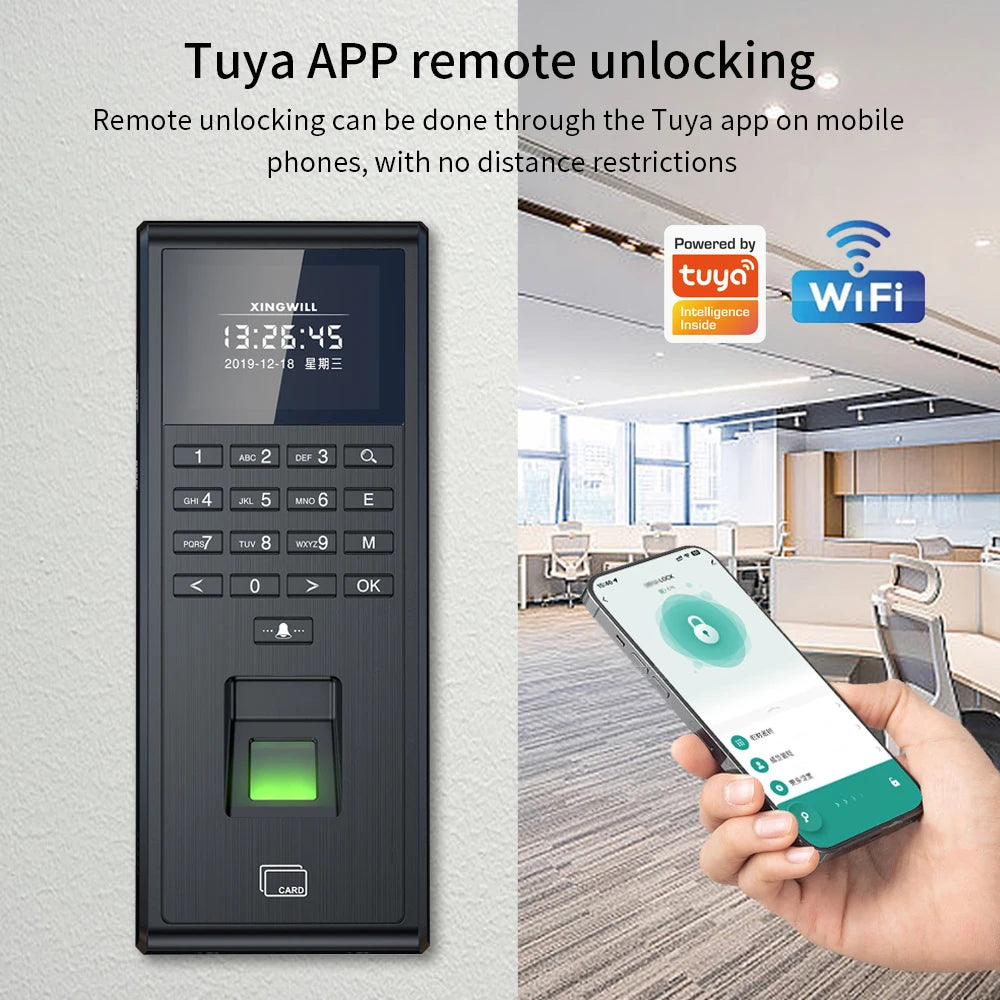 Support Tuya APP Fingerprint Employee Check In/Out Time Clock Attendance Machine Access Control RFID Card 125KHz Keypad USB Port Vue