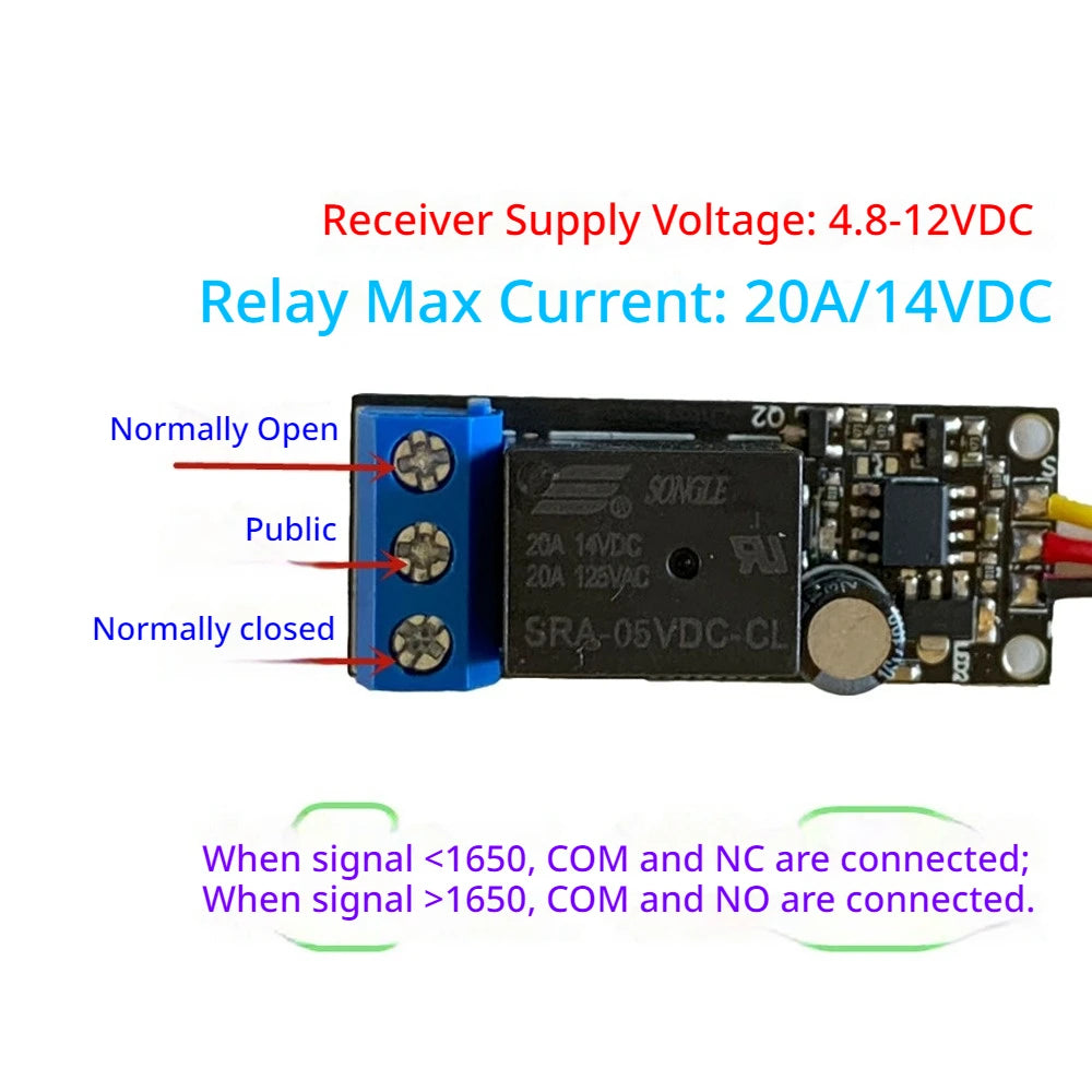 RC Model PWM Relay Switch Receiver Controlled Electronic Switch For Airplane Car Model 4.8-8.4VDC Max 20A 900-2100us PWM Signal Vue