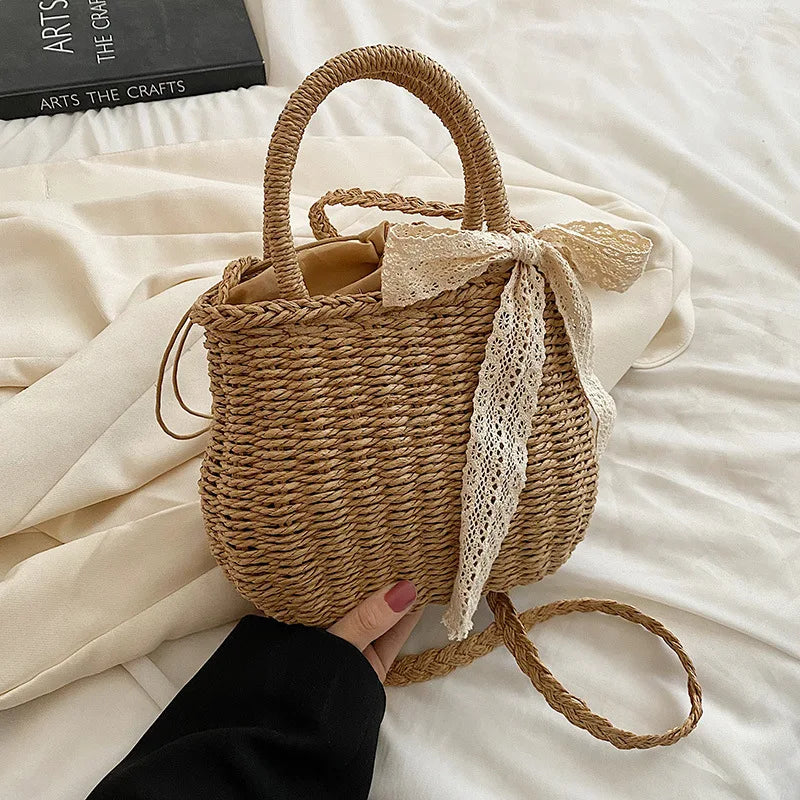 Straw Bags Women Summer Rattan Bag Handmade Woven Beach Bohemia Vue lightbrownAddRibbon 20x12x17cm