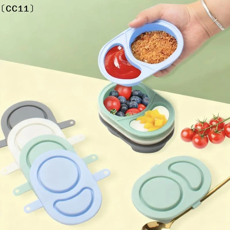 Silicone Snack Containers With Lids Foldable Reusable Snackle Box Containers Double Compartment Condiment Bowls Gadgets〔CC11〕 Vue