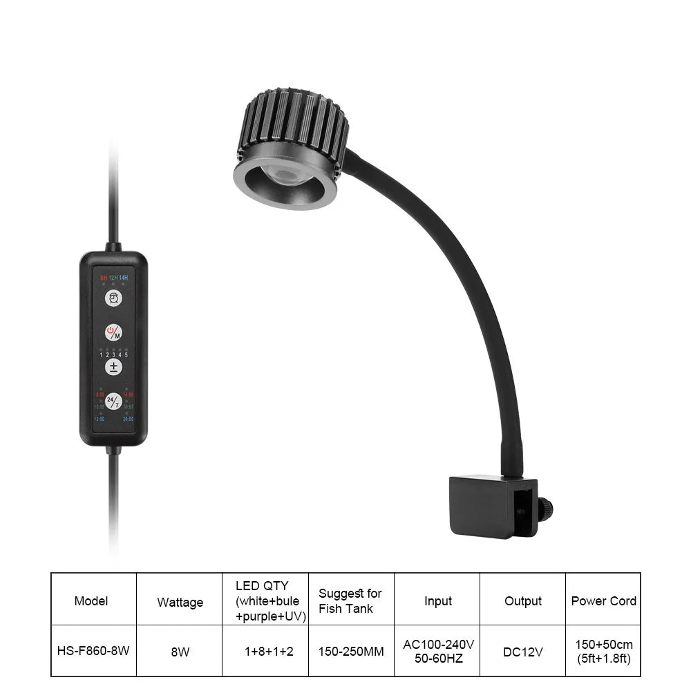 Fish Tank LED Seawater Lamp Specially for Corals Aluminum Alloy Aquarium Lighting with UV Intelligent Dimming Timing Clamp Light Vue HS-F860-8W US Plug
