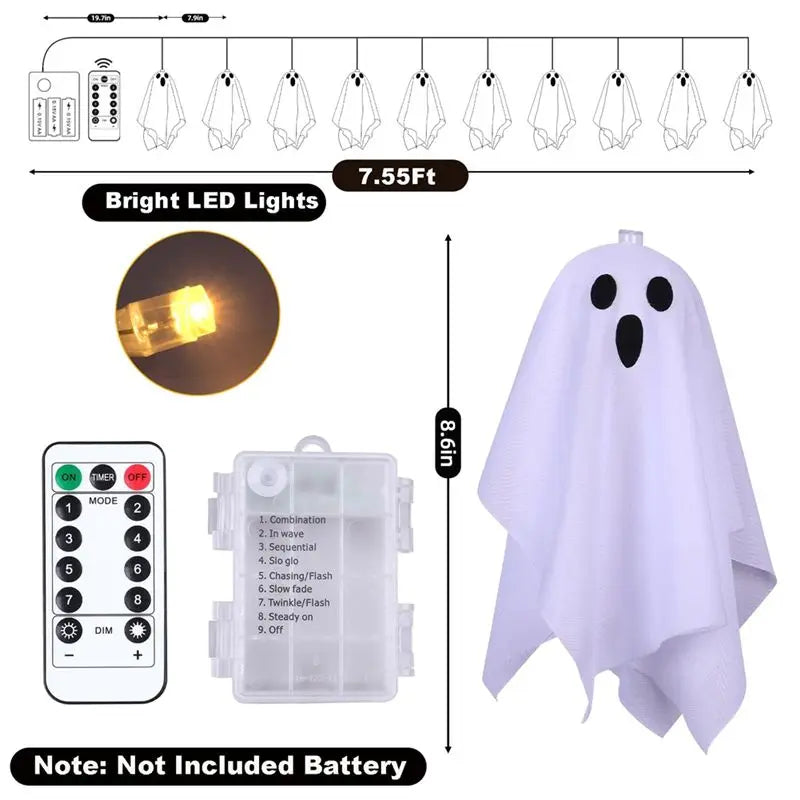 ABKW-Halloween Lights Indoor Halloween For Party, Haunted House, Fireplace, Porch, Window Decor 8 Modes Light Up Ghost Garland Vue