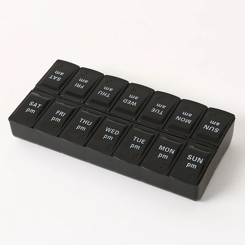 Braille Design Weekly Pill Organizer 7 Days 14 Grids Portable Travel Medicine Storage for Tablets Vitamins Fish Oils Vue Black