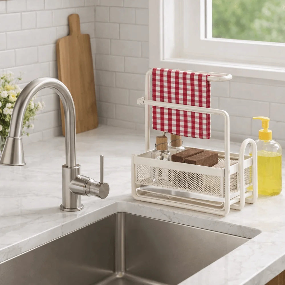 Multi-Function Metal Frame Sink Organizer Rack Layered Sturdy Kitchen Organizer with Water Tray Drying Rack Bathroom Vue