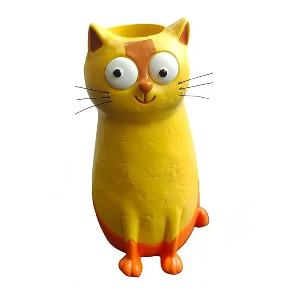Unique Whimsical Cat Vases Handmade Resin Cat Shaped Flower Vase Aesthetic Animal Sculpture Quirky Cat Planter Gift for Lovers Vue Orange