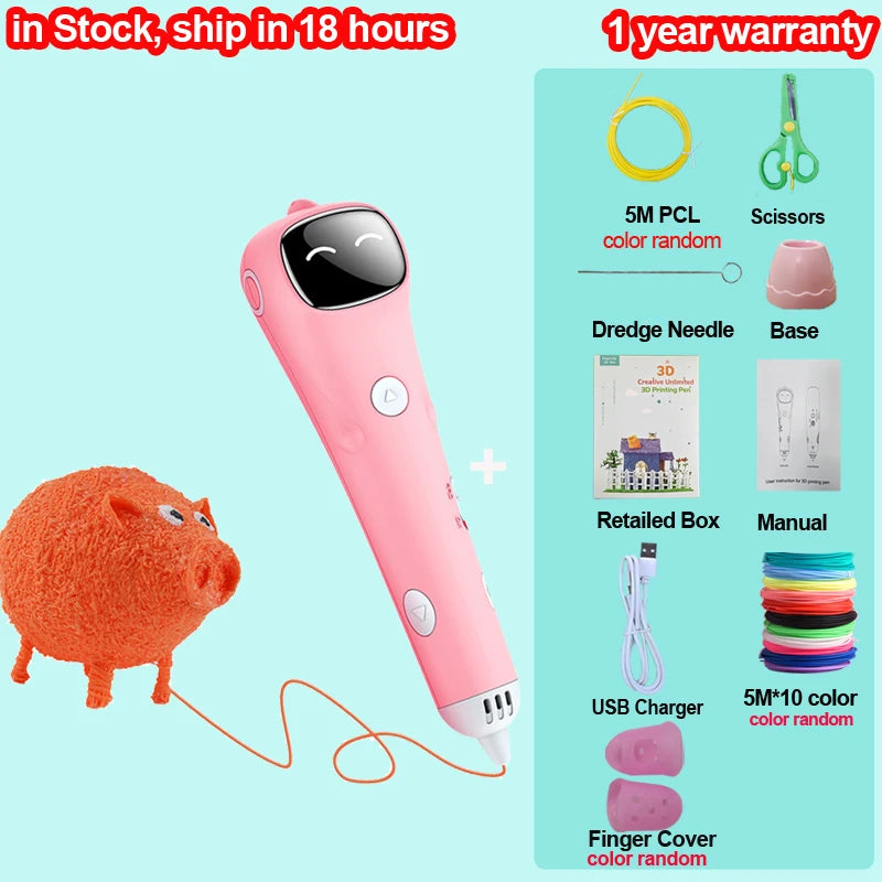3D Printing Pen Low Temperature Built-in Battery Voice Broadcast 1.75mm PCL Filament 3D Pen Drawing DIY For Kids Grils Boys Gift Vue add 50M PCL 1 PCL Filagment