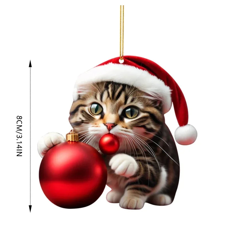 1-10PCS Christmas Acrylic Car Hanging Ornament Cat Santa Hat Tree Pendant Holiday Home Decoration Xmas Party Supplies Vue