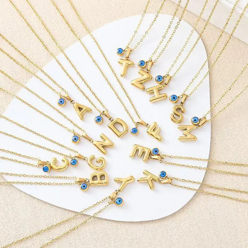 Turkish Blue Eye 3D Letter A-Z Alphabet Necklace For Women Girls Dainty Gold Plated Tiny Letter Stainless Steel Jewelry Gift Vue