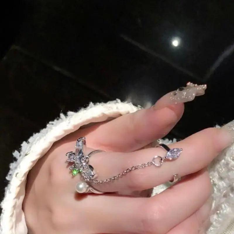 Women Fashion Butterfly Tassel Double Finger Chain Rings Hip Hop Sparkling Gift for Girlfriend Event Use Vue