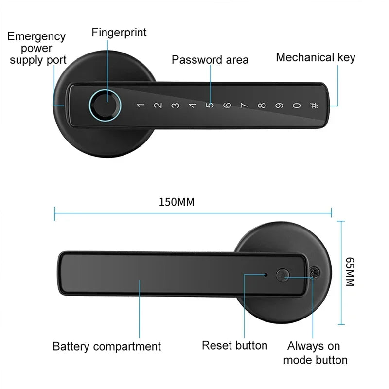 Tuya Bluetooth Smart Fingerprint Door Handle Lock Electronic Password APP Remote Unlock Hotel Apartment Office Bathroom Bedroom Vue
