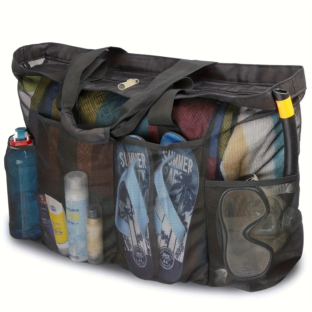 Large Beach Tote Bag Mesh Pockets Zipper Multi Compartments Durable