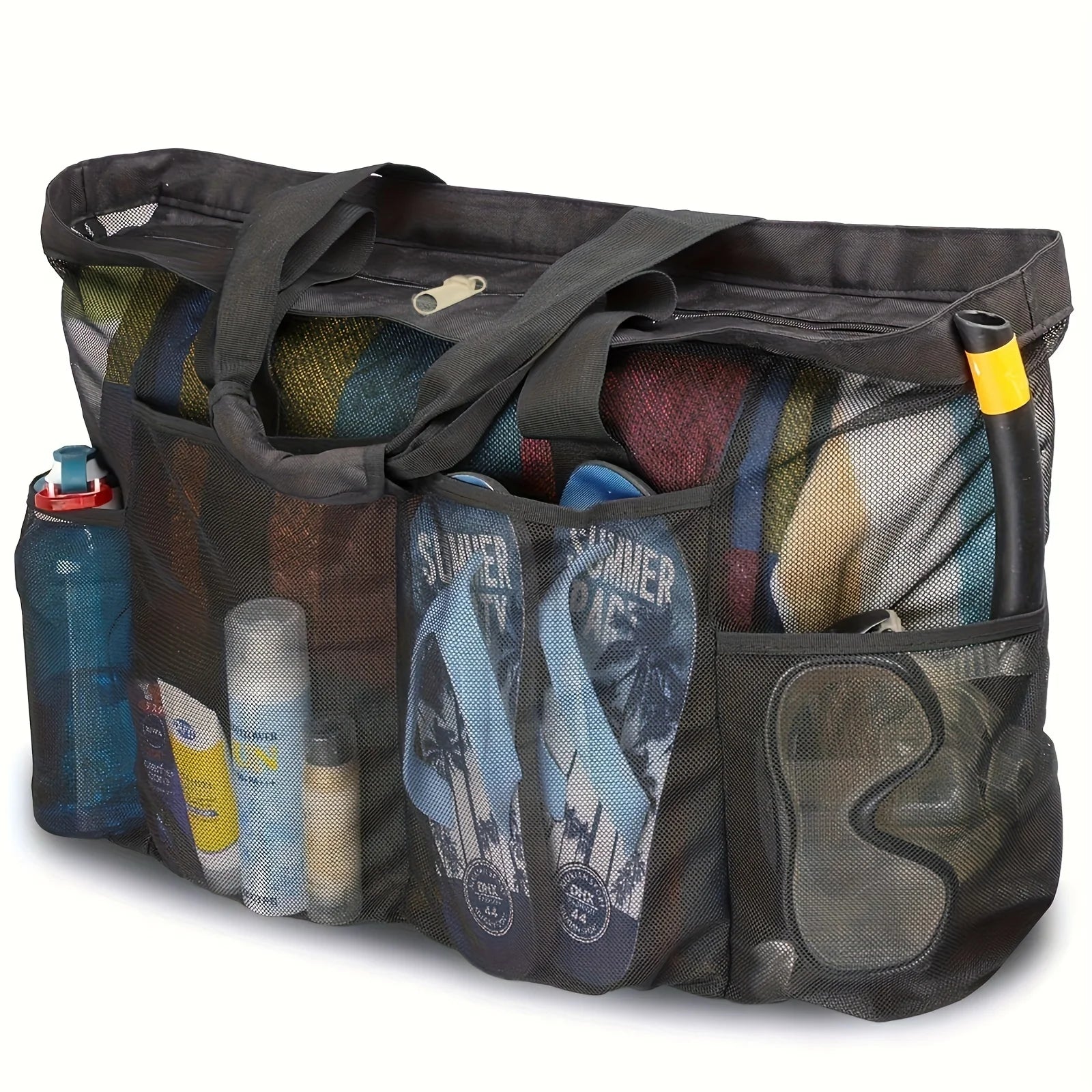 Large Beach Tote Bag Mesh Pockets Zipper Multi Compartments Durable