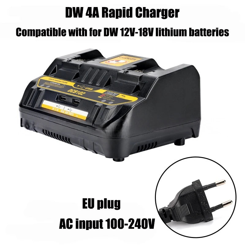 DCB102 Dual-Port Rapid Charger Power Tool Battery Charger Compatible with For Dewell 14.4V/18V Lithium Batteries with USB Port Vue EU plug