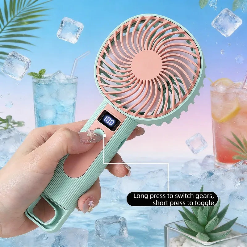 Digital Display Handheld Fan 2 in 1 Desktop Standing Mini Portable USB Rechargeable Cooling Fan for Office Travel Outdoor Vue