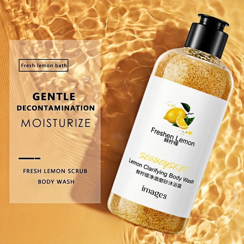 300ml Lemon Scrub Shower Gel, Alcohol-Free, Non-Greasy, Formaldehyde-Free, Rich in Citric Acid, Vitamin E, and Hyaluronic Acid, Suitable for All Light Beige Skin Types, with a Fresh Scent, Featuring Moisturizing, Nourishing, Vue