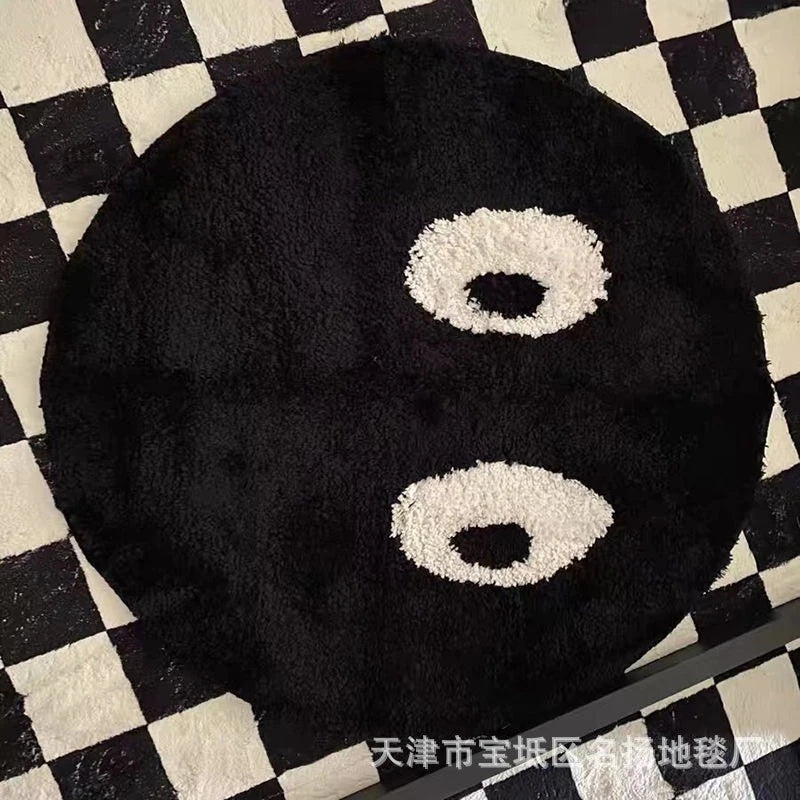 Black Round Rug Cute Small Face Soft Bedroom Bedside Accent Mat Non Slip Home Floor Pad For Kids Teens Women Dorm Room Gift Vue