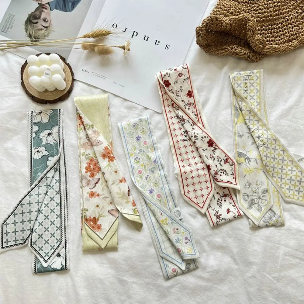 Versatile Fresh Floral Satin Silk Ribbon Scarf Women Summer Long Thin
