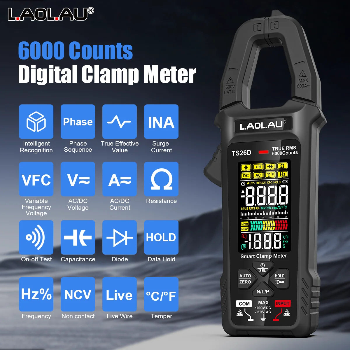 LAOLAU Digital Clamp Multimeter Phase Sequence AUTO Range Color Screen Rechargeable AC/DC Current Electric Tester TS26A TS26D Vue