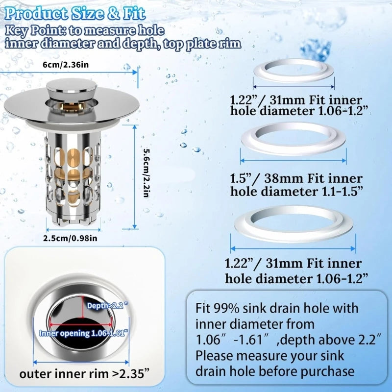 Push-Type Sink Drain Stopper & Strainer | Brass & Steel 1-2 Pack Sink Drain Stopper Vue