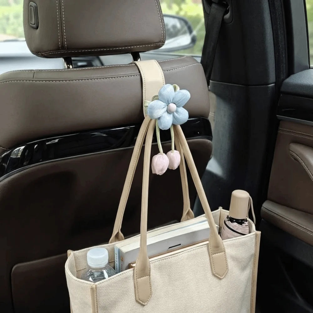 Portable Car Back Seat Hooks Leather Decorative Automotive Storage Hanger Space Saver Cute Tulip Flower Car Hooks Family Car Vue