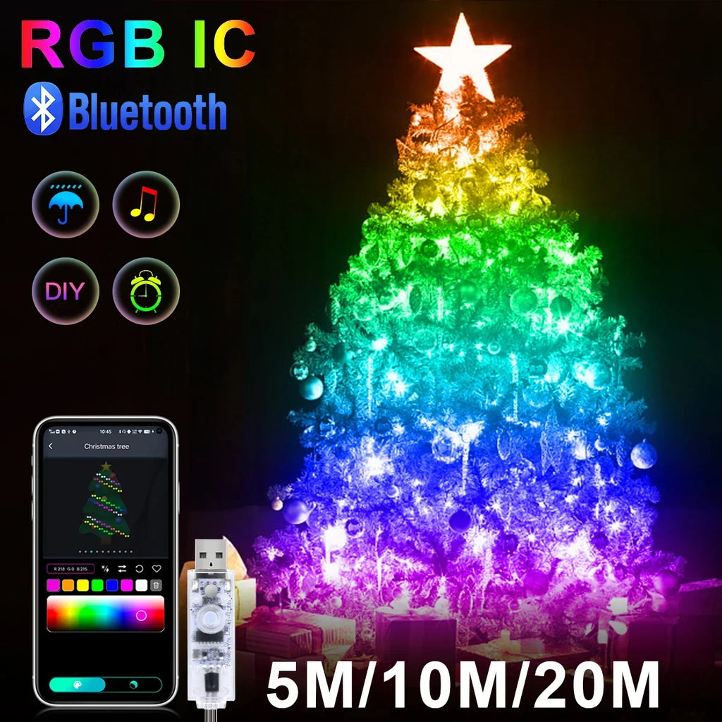 20M RGBIC USB 5V LED Sting Light Bluetooth Music APP WS2812 Programmable DIY Fairy Lights Birthday Party Garland Christmas Decor Vue