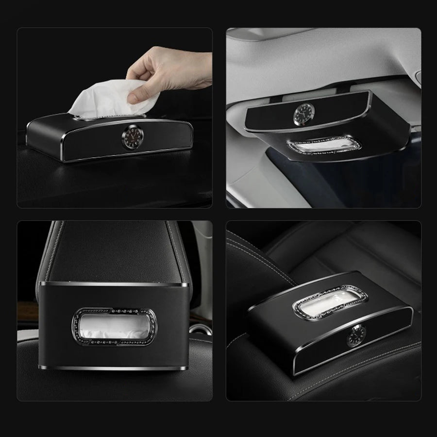 Luxury Solid Color Leather Wear-Resistant Tissue Box Car Seat Back Sunshade Hanging Tissue-Bag Buckle Strap Easy Installation ﻿ Vue