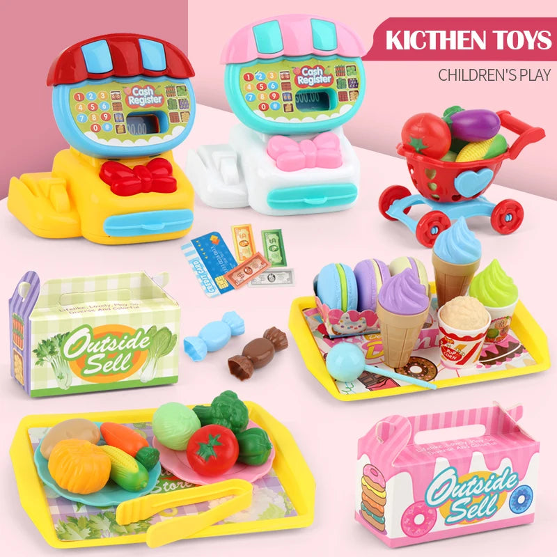Cash Register Toys Play Calculator Cash, Play Money Ice Cream Vegetables Electronic Calculator Realistic for 3+ Years Old Child Vue