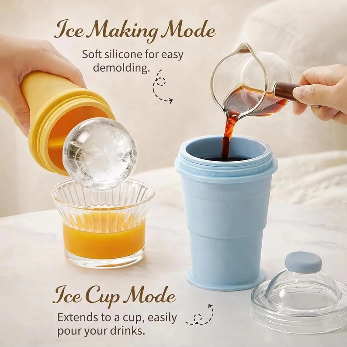 2-in-1 Collapsible Silicone Ice Ball Cup Reusable Portable Ice Sphere Mold with Straw Lid for Coffee Juice Drinks Vue
