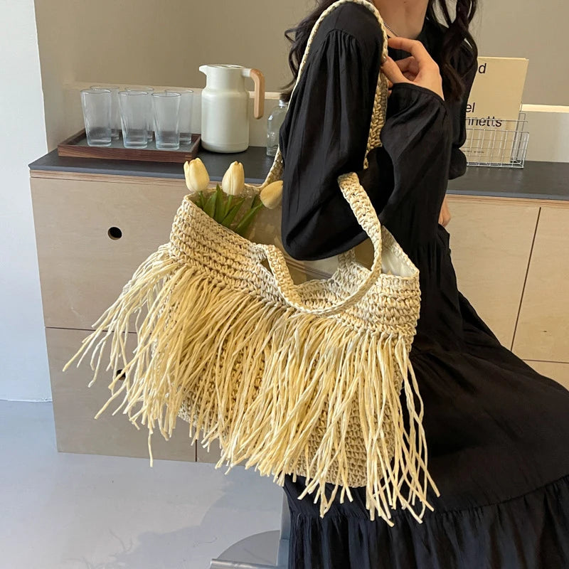 Casual Tassel Woven Women Shoulder Bags Handmade Fringe Lady Handbags