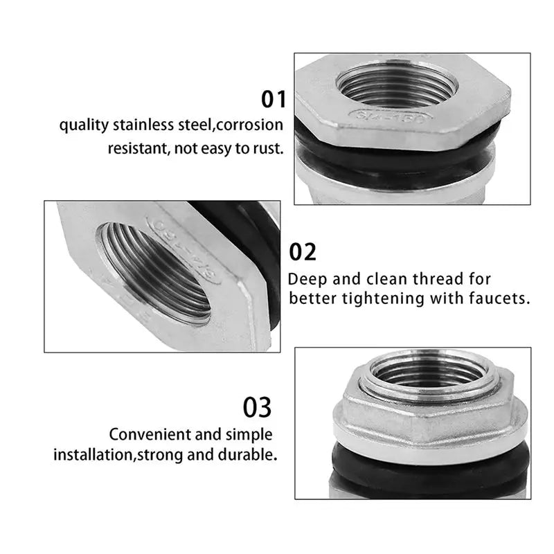 ABKW-Water Tank Connector SUS304 Stainless Steel Thru-Bulk Fitting For Rain Barrels,Aquariums 2Inch Vue