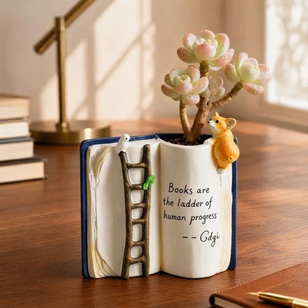 Creative Cartoon Puppy Bird Ladder Planter Compact Adorable Book-Shaped Planter Polyresin Decorative Tabletop Planter Study Vue
