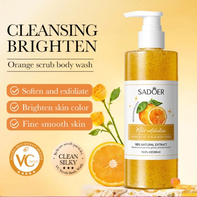 300ml Orange Body Scrub Shower Gel, a Cleansing Body Wash Containing Fresh Orange Extract, Citrate Salts, and Other Skin Care Ingredients. the Fine Scrub Particles Deeply Cleanse Skin Impurities and Dead Skin Cells, While Hyd Vue