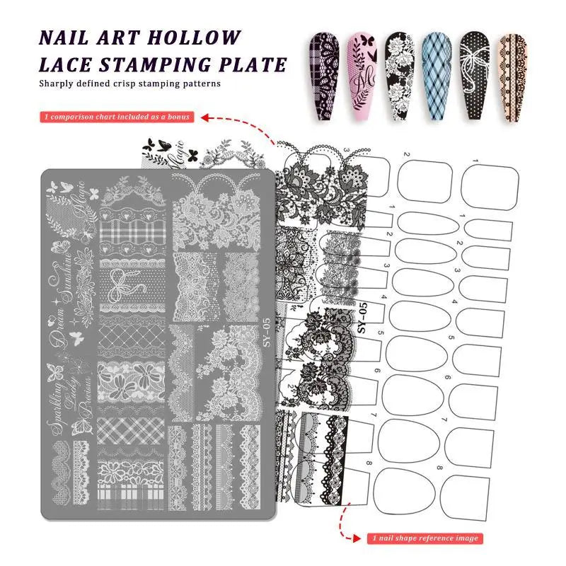 Reusable Precise Etched Nail Art Stencil Bow Flower Lace Plaid Transfer Template DIY Manicure Decor Tool Vue